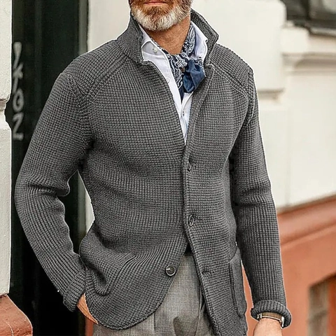 Men's Knit Cardigan Sweater Waffle Texture Thickened Long Sleeve Button Down Stand Collar Casual Business Style Solid Color