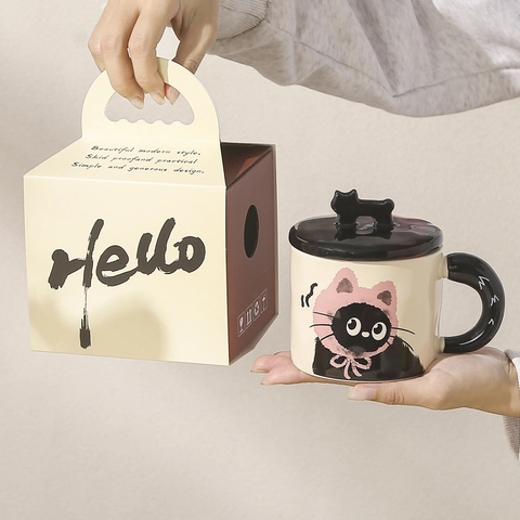 Creative Cartoon Cat Ceramic Mug With Lid And Handle Cute Coffee Tea Cup For Home Office Gift Housewarming Birthday