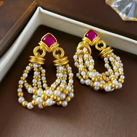 Pendientes De Filigrana Ovalados Estilo Palacio Vintage Con Poste De Plata Aleación Diamantes Imitación Piedra Magenta Perla Artificial