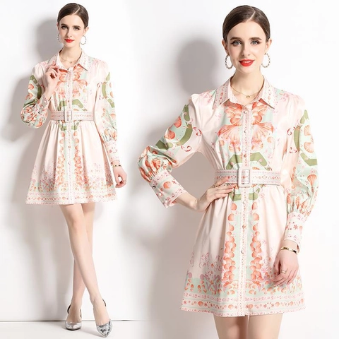 Dames Retro Schelp Bloemenprint Lange Mouwen Overhemd Mini Jurk Met Riem Polyester Elegant Slim Fit Revers Vintage