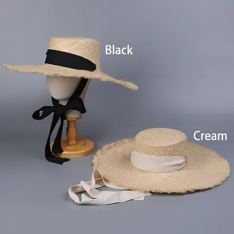 Raffia Straw Boater Hat Wide Brim Frayed Edge Flat Top With Ribbon Strap For Summer Beach Vacation Sun Protection Women