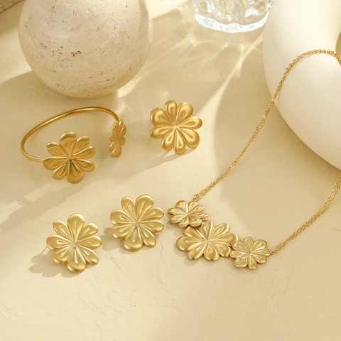 Flower Petal Necklace Bracelet Earrings Ring Stainless Steel Matte Gold Brushed Texture Elegant Vintage Jewelry For Women