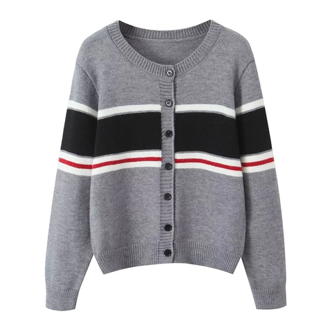 Cárdigan De Punto Para Mujer Cuello Redondo Botonadura Sencilla Manga Larga Rayas De Bloques De Color Suéter Casual