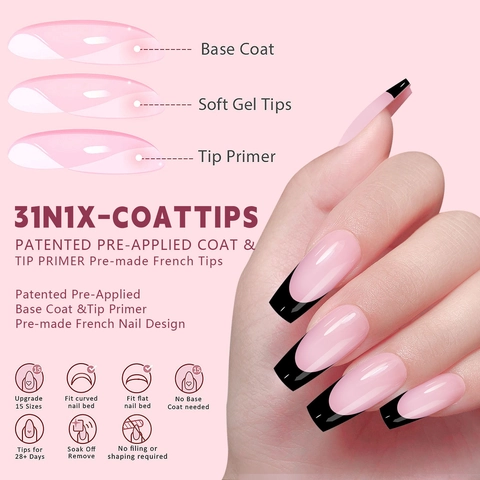 Französische Künstliche Nägel Soft Gel Rosa Schwarz Triple System Künstliche Fingernägel Lange Mandel Quadrat Stil Damen