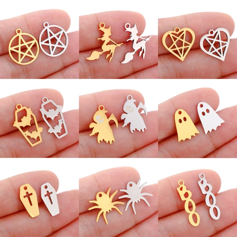 Halloween Charms 304 Stainless Steel Pendants Ghost Bat Spider Witch Coffin BOO DIY Jewelry Making Accessories