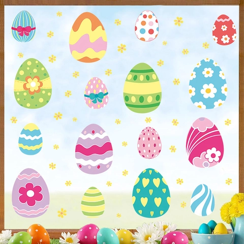 Easter Egg Window Clings Colorful PVC Static Wall Stickers Decorative Cartoon Flower Decals For Home Glass Display