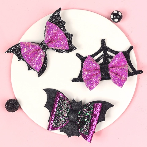Halloween Bat Wing Bow Hair Clips Glitter Spider Web PU Leather Duckbill Hairpins For Girls Kids Party Accessories