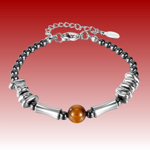 Vintage Stainless Steel Bracelet With Natural Volcanic Stone And Tiger Eye Beads Hip Hop Style Jewelry For Men Women