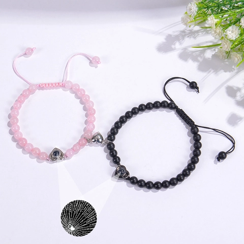 Couple Magnetic Bracelets Natural Stone Pink Crystal Multilingual I Love You Projection Heart Attraction Jewelry