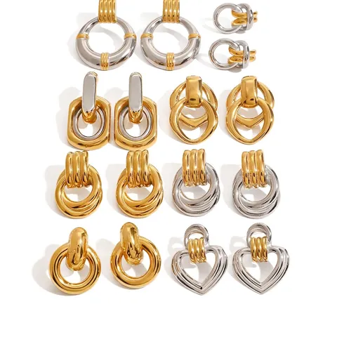 Stainless Steel Hoop Earrings For Women Two-Tone Gold Silver Geometric Studs Waterproof Hypoallergenic Vintage Jewelry