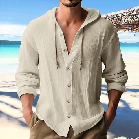 Men Casual Cotton Linen Hooded Shirt Long Sleeve Hoodie Loose Solid Color Pullover Beach Top For Summer Vacation