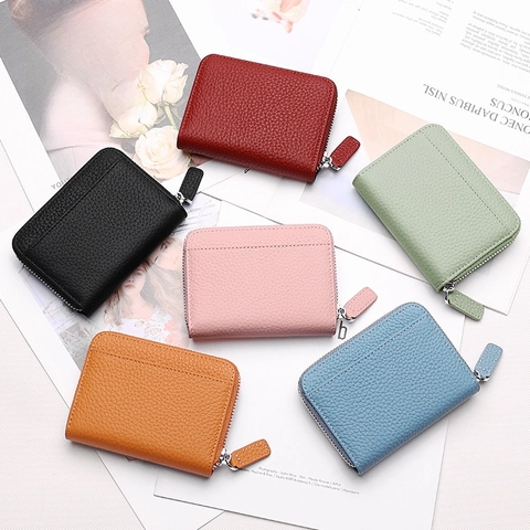 Women RFID Blocking Card Holder Genuine Cowhide Leather Lychee Pattern Accordion Zip Around Wallet Purse