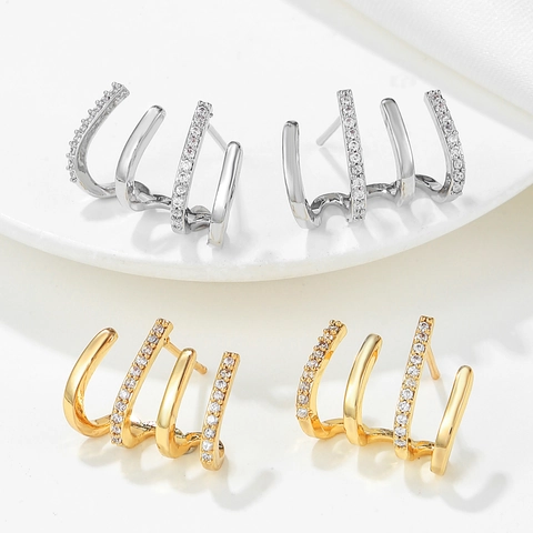 Orecchini Minimalisti 4 Artigli Geometrici Rame Zirconia Con Perno In Argento Sterling 925 Per Donna