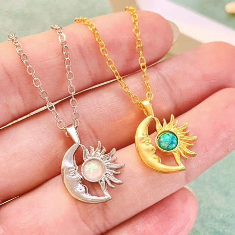 Sonne Mond Anhänger Halskette Legierung Opal Himmlisch Stern Vintage Ins Stil Schmuck Für Frauen