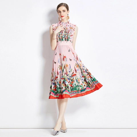 Abito Maxi Pieghettato Senza Maniche Elegante Vita Alta Collo Alto Chiffon Stampa Floreale Foresta