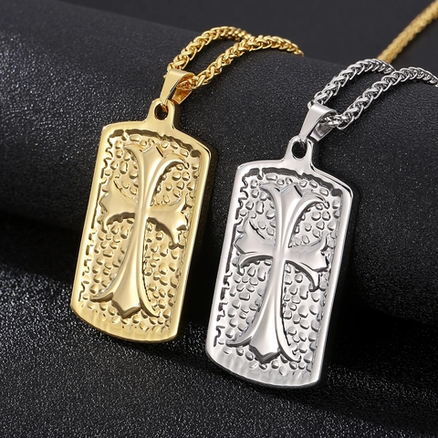 Cross Pendant Necklace Stainless Steel Rectangle Dog Tag Hammered Texture Gothic Hip Hop Jewelry For Men