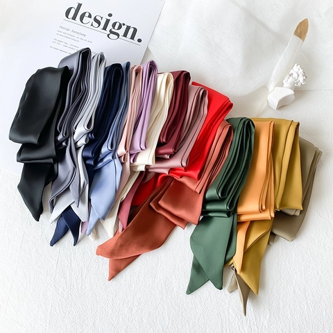 Solid Color Long Satin Skinny Scarf Versatile French Style Neck Scarf Hair Tie Bag Ribbon For Women
