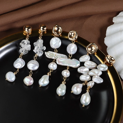Boucles D'oreilles Pendantes Süßwasserperles De Culture Baroque Naturelles Dorées Avec Tige En Argent Sterling 925 Style Rétro