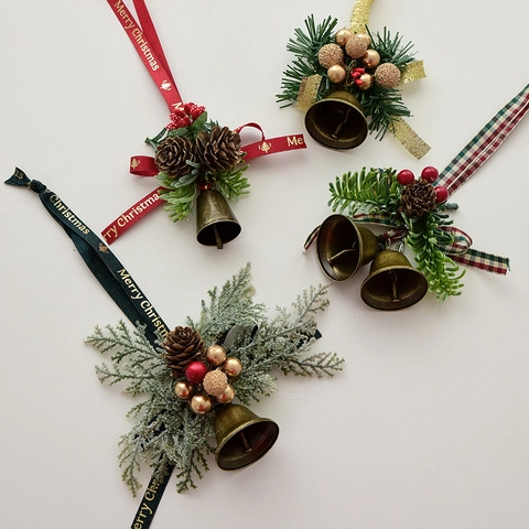 Vintage Christmas Ornament Metal Bell Natural Pine Cone With Red Green Plaid Ribbon Holiday Party Tree Hanging Decoration