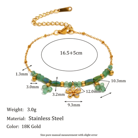 Dames Armband Roestvrij Staal 18K Verguld Groene Kralen Bloem Hanger Elegante Sieraden