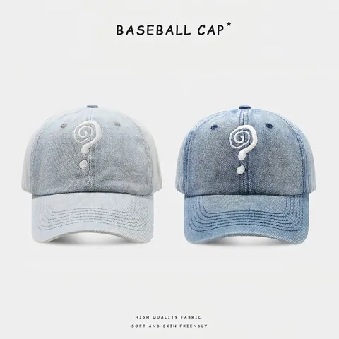 Washed Denim Baseball Cap Question Mark Embroidery Adjustable Vintage Casual Sun Protection Outdoor Hat For Men Women