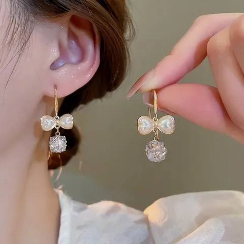 Pendientes Colgantes Con Lazo Y Corazón Con Imitación De Perla Artificial Circonita Cobre Y Poste De Plata De Ley 925 Para Mujer