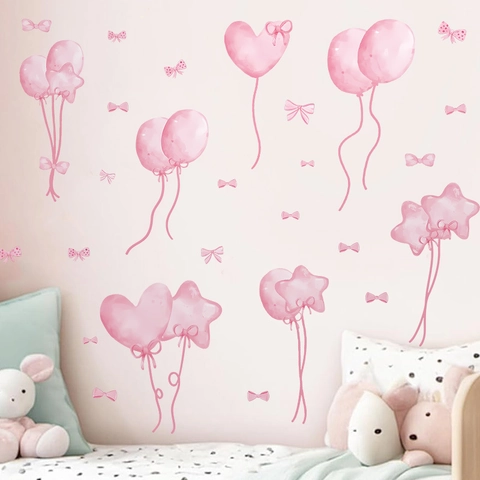 Cartoon Pink Watercolor Balloon Bow Heart Star Wall Stickers PVC Self Adhesive Nursery Kids Room Decor