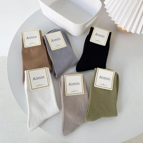 Women Crew Socks Combed Cotton Ribbed Morandi Solid Color Sweat Absorbent Japanese Preppy Style Mid Calf Slouch Socks