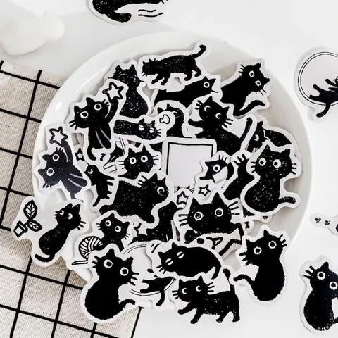 Adesivi Decorativi in Scatola a Tema Gatto Nero Stile Disegnato a Mano Fai da Te Scrapbooking Journaling Adesivi per Laptop Telefono Cancelleria Arredamento
