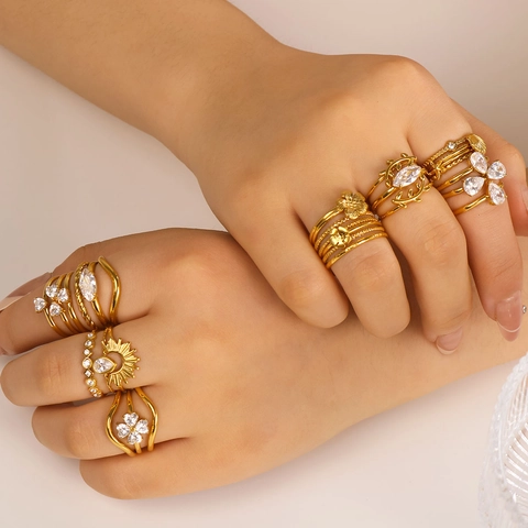 Heart Four Leaf Flower Zircon Gold Plated Stainless Steel Ring Adjustable Waterproof Hypoallergenic Women Accessory