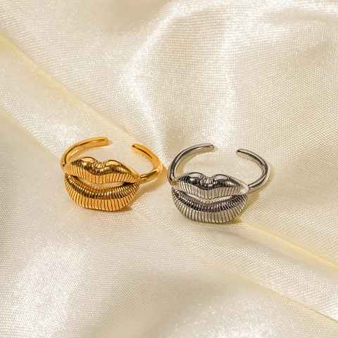 Anello Aperto a Forma di Labbra in Acciaio Inossidabile per Donna Placcato Oro Minimalista Geometrico Moda Regolabile Gioielli