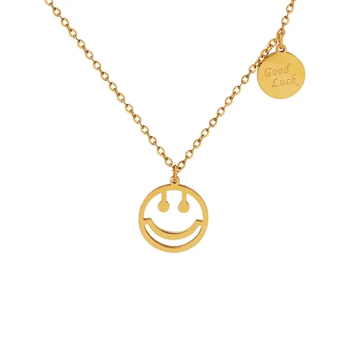 Collar Con Colgante De Cara Sonriente Acero De Titanio Chapado En Oro De 18K Etiqueta Good Luck Joyería Para Mujer