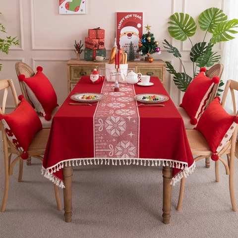 Nappe De Noël Rouge Renne Flocon De Neige Polyester Imitation Lin Franges Gland Rectangulaire Antipoussière Décor De Table De Fête