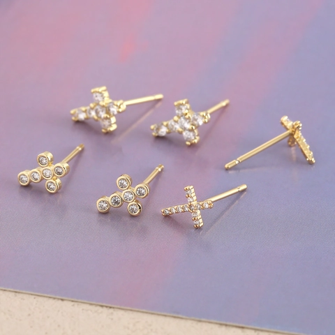 Cross Stud Earrings 18K Gold Plated Copper With Zircon And 925 Sterling Silver Earring Post Dainty Jewelry For Women