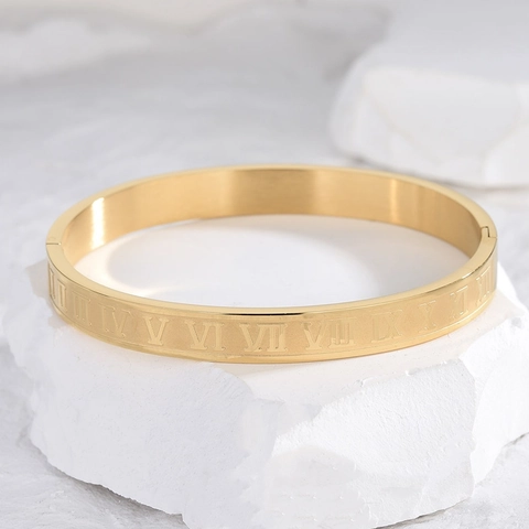 Roman Numeral Bangle Bracelet 18K Gold Plated 304 Stainless Steel Minimalist Fashion Hand Jewelry For Women