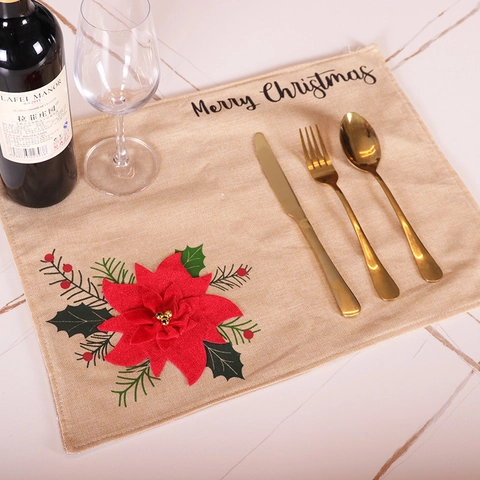 Christmas Placemats Faux Linen Merry Christmas Poinsettia Santa Truck Table Decor Holiday Dining Farmhouse Style Festive