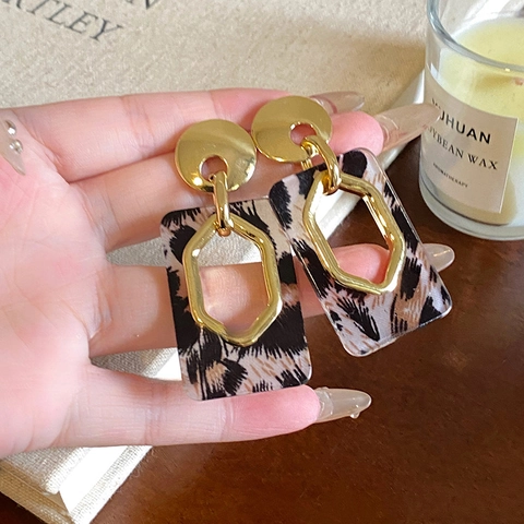 Vintage Leopard Resin Geometric Drop Earrings Alloy Gold Plated With 925 Sterling Silver Earring Post Elegant Women