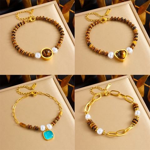 Tiger Eye Stone Artificial Pearl Bracelet Stainless Steel Chain Heart Pendant Retro Maillard Style Fashion Jewelry For Women