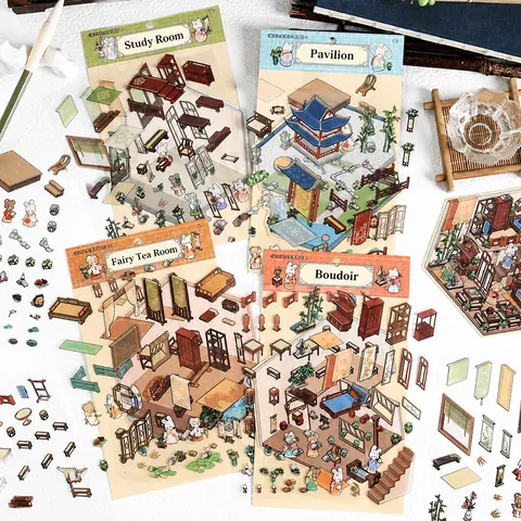 Classical Chinese Style 3D Scenery Stickers DIY Miniature Scene Decoration PET Waterproof Stickers For Journal Planner Art Crafts