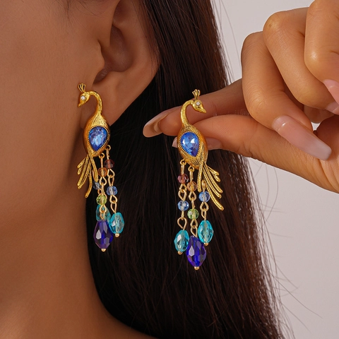 Orecchini Pendenti Pavone Con Nappa In Cristallo Di Vetro Colorato Lega E Perno In Argento Sterling 925 Vintage Bohemien