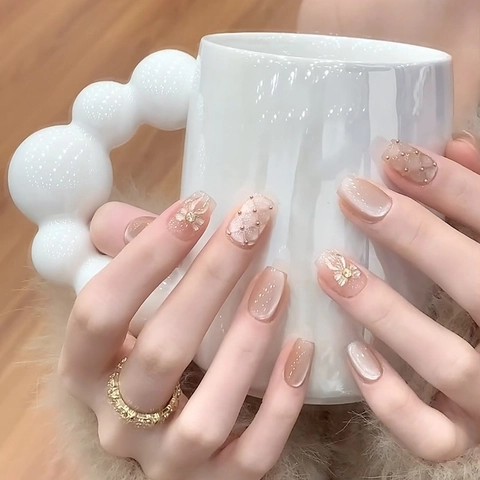 Pink Cat Eye Press On Nails With Bowknot Rhinestone And Artificial Pearl Decoration Short Square ABS False Nails For Women