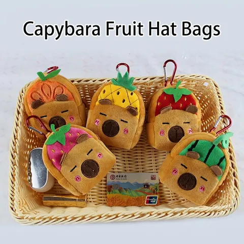 Capybara Plush Mini Coin Purse Cute Fruit Hat Animal Bag Charm Keychain Pendant With Zipper Clasp For Kids Girls