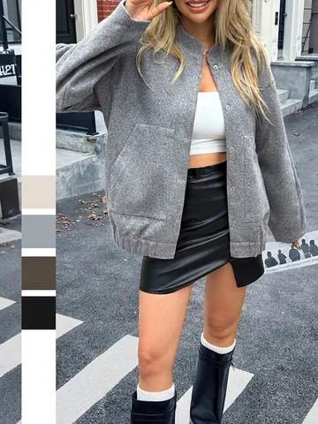Giacca Da Donna A Maniche Lunghe Larga Collo Alto Bottone A Pressione Tinta Unita Streetwear Casual