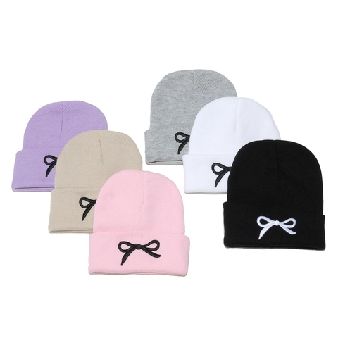 Knitted Beanie Hat Acrylic Warm Winter Outdoor Embroidered Bowknot Sweet Elegant Headwear For Women Girls