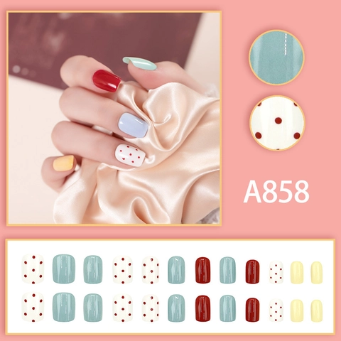 Unghie Finte A Pressione Lucide Con Pois E Tinta Unita Quadrate Corte Unghie Finte Quotidiano Moda Per Donne