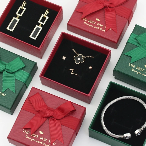 Elegante Schleife Schmuck Geschenkbox Papier Pappe Quadratische Aufbewahrung Organizer Koffer Für Ringe Halsketten Armbänder Verpackung