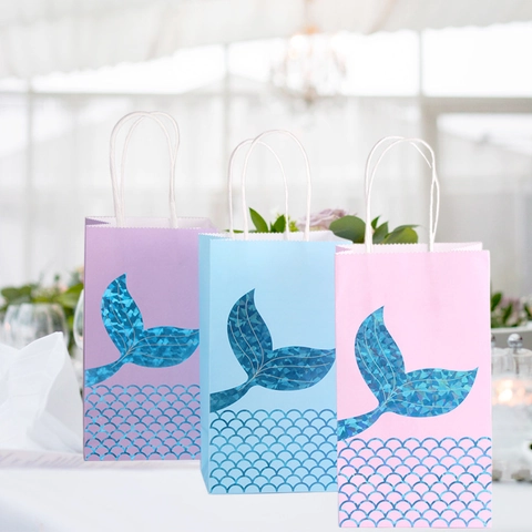 Mermaid Party Gift Bags Holographic Fish Tail Pattern Kraft Paper Candy Bags For Birthday Wedding With Handles