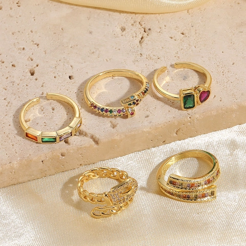 Geometric Colorful Zircon Rings Copper 14K Gold Plated Adjustable Open Jewelry For Women