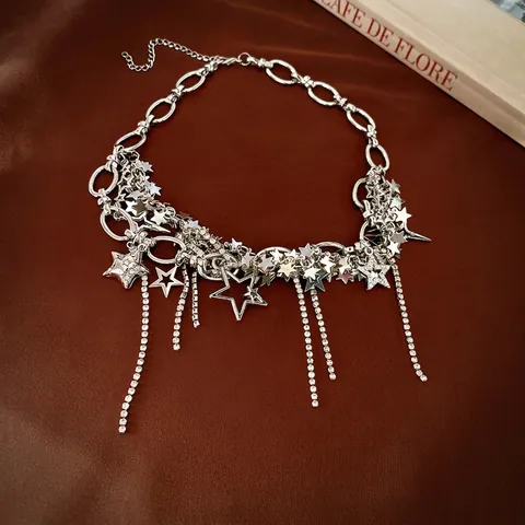 Collar Con Colgante De Estrella Y Borla Aleación Diamantes De Imitación Cadena Larga Joyería Para Mujer Estilo Punk Y2K