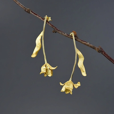 Tulip Dangle Earrings 925 Sterling Silver 18K Gold Plated Handmade Floral Nature Style Jewelry For Women